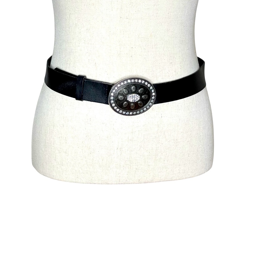 LANDES Retro Western Large Rhinestone Buckle  Black Leather Made in Canada SZ L
